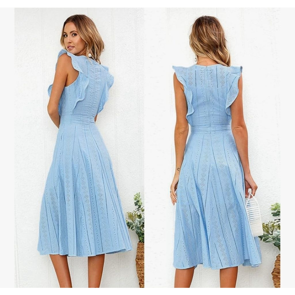 ECOWISH Light Blue Ruffle Eyelet Midi Dress M - Picture 4 of 7